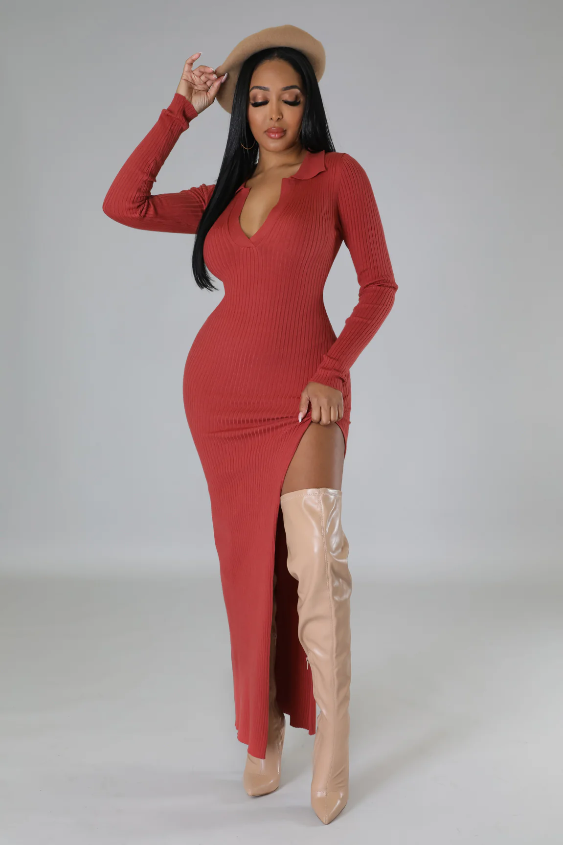 She Kept it KT! - High Slit Rust Maxi Dress