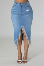 So Unique -  KT Light Blue Denim Rhinestone Skirt
