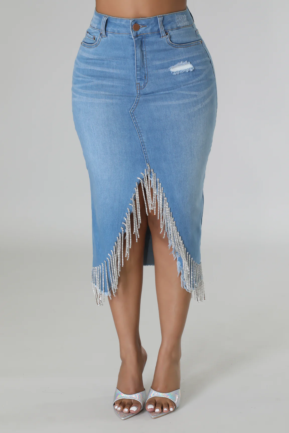So Unique -  KT Light Blue Denim Rhinestone Skirt