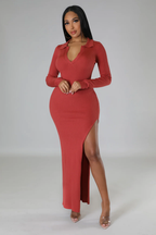 She Kept it KT! - High Slit Rust Maxi Dress