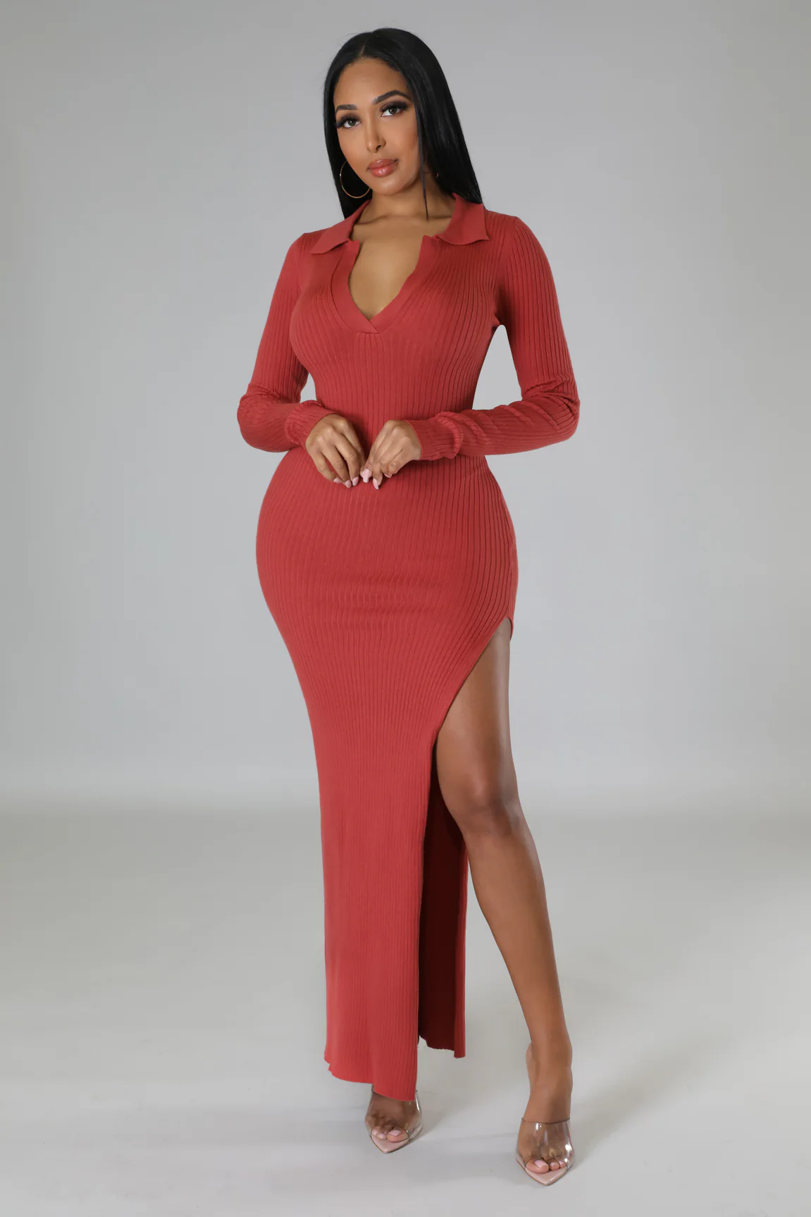 She Kept it KT! - High Slit Rust Maxi Dress