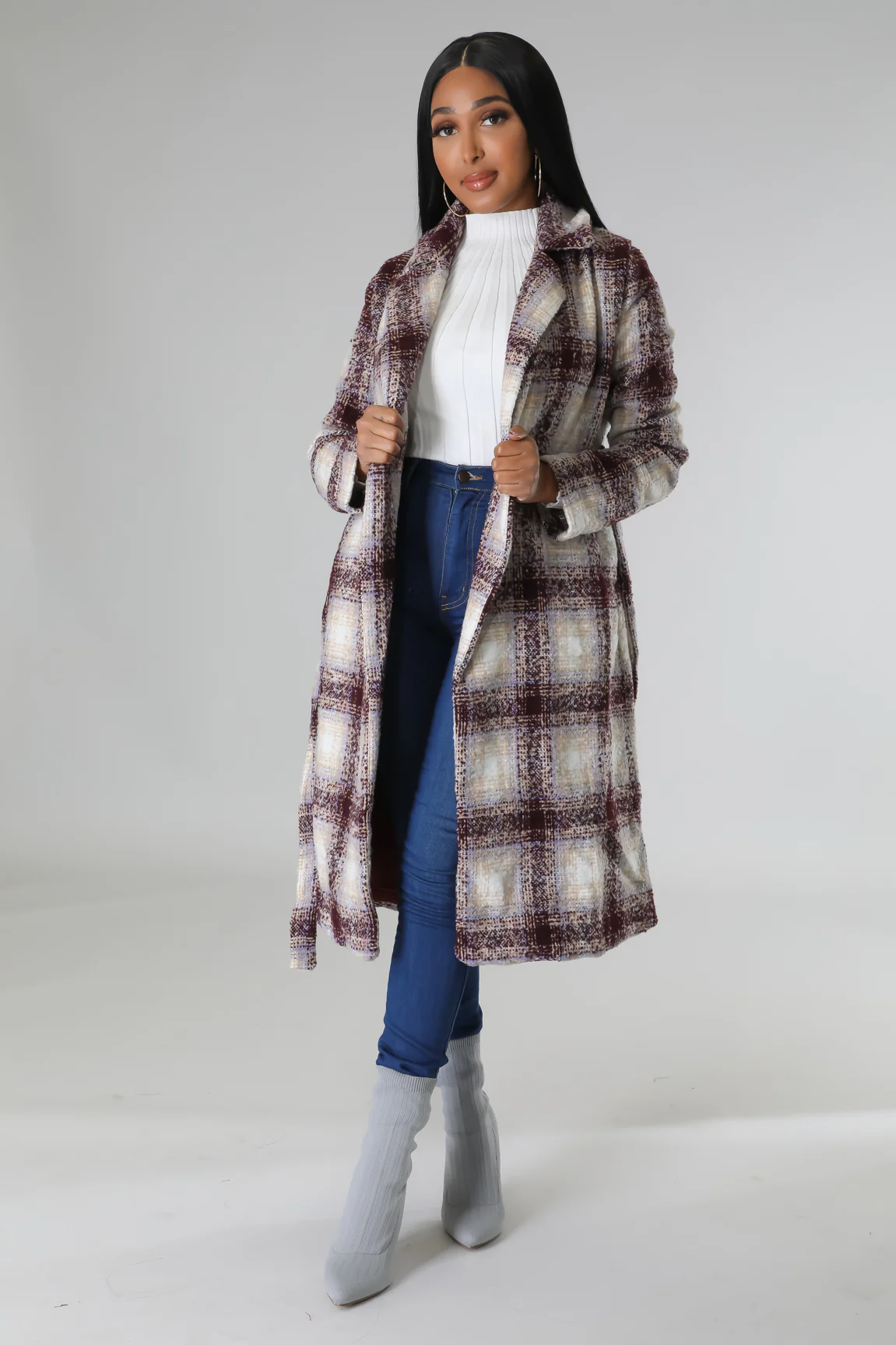 Cold Shoulder Trench Coat - Tweed Plaid