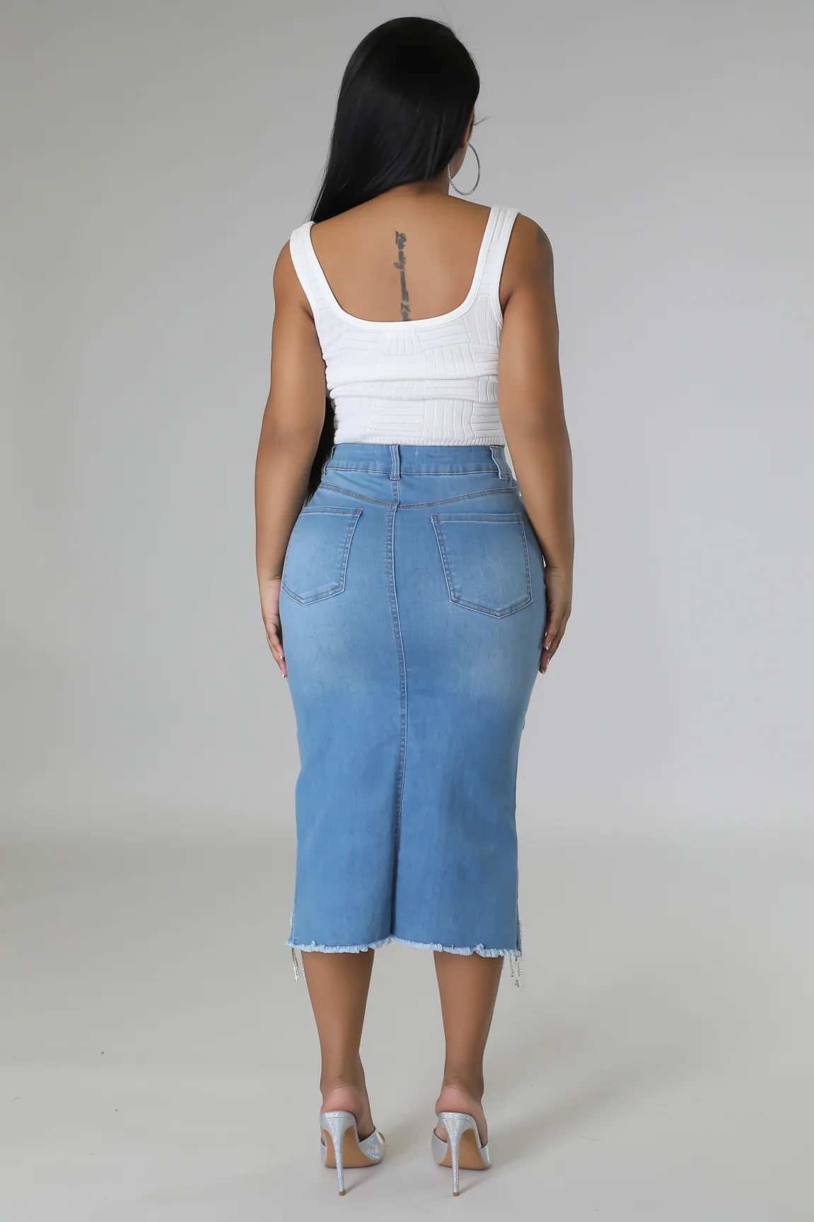 So Unique -  KT Light Blue Denim Rhinestone Skirt