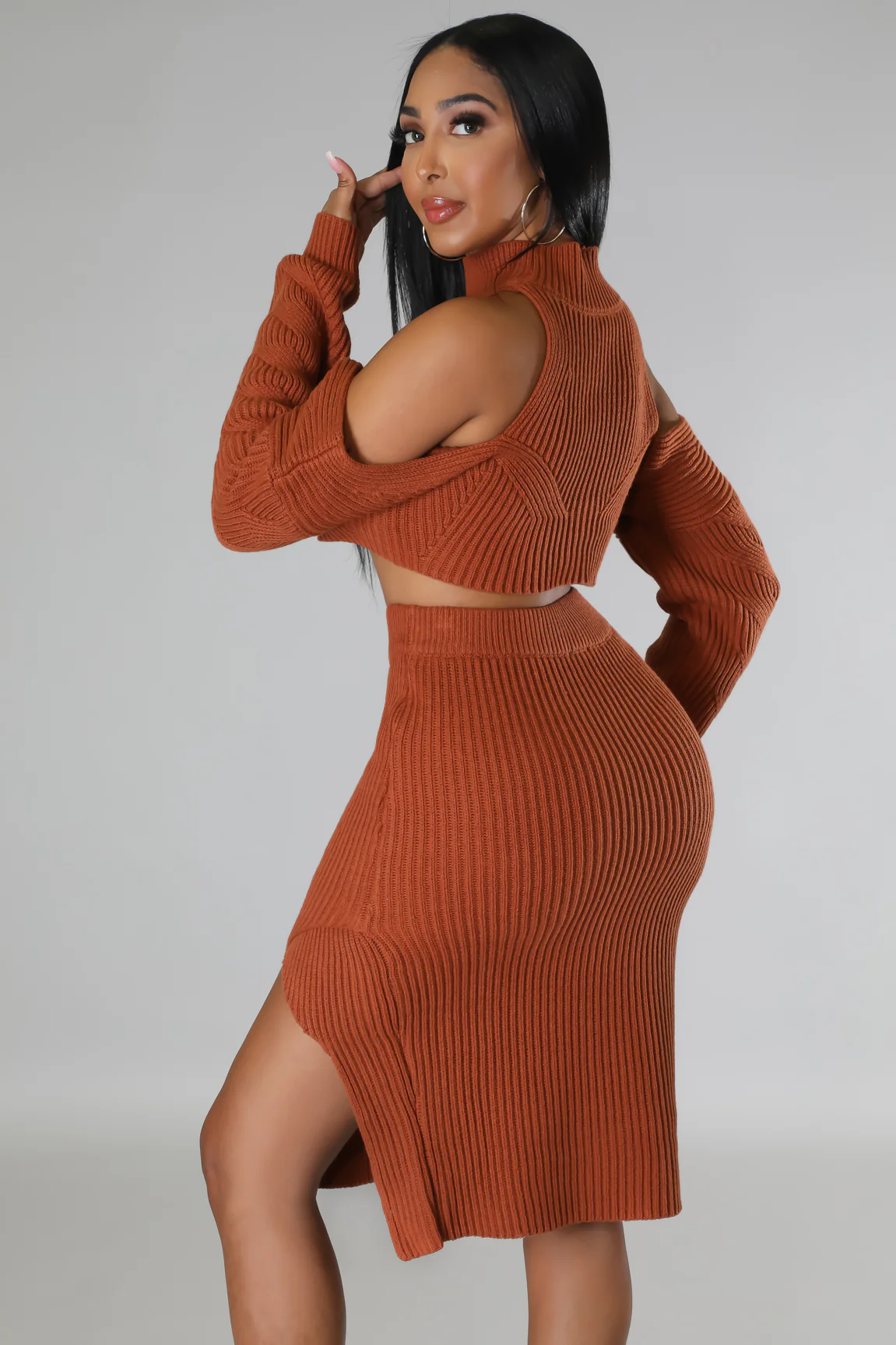 Just KT - Off Shoulders Cognac Midi Skirt Set