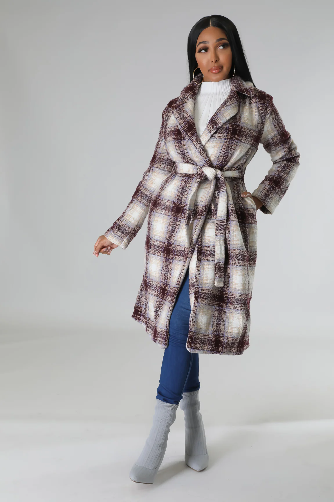 Cold Shoulder Trench Coat - Tweed Plaid