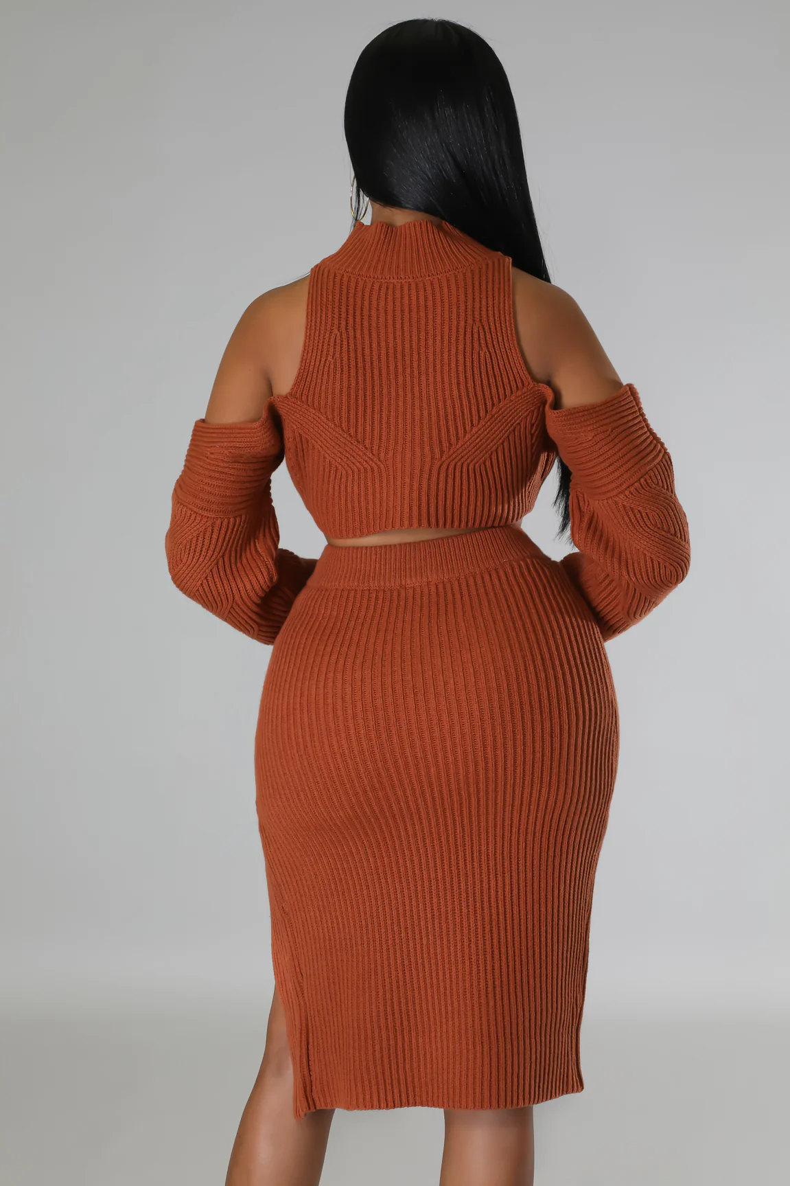 Just KT - Off Shoulders Cognac Midi Skirt Set
