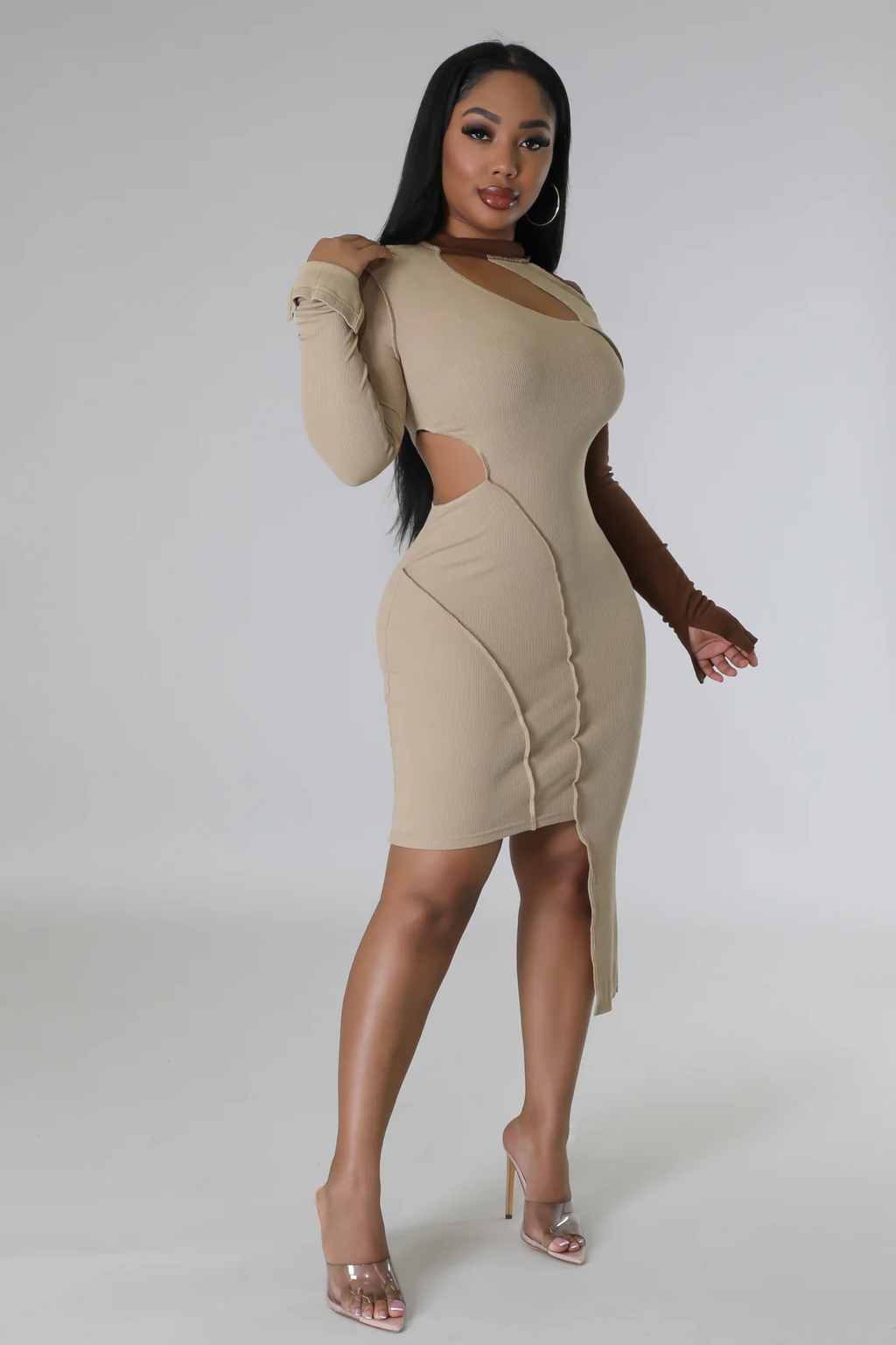 Everything - Nude Asymmetrical Mini Cutout Dress