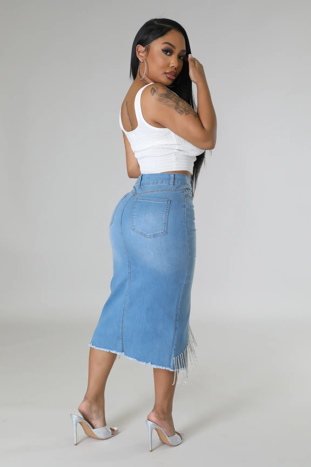 So Unique -  KT Light Blue Denim Rhinestone Skirt