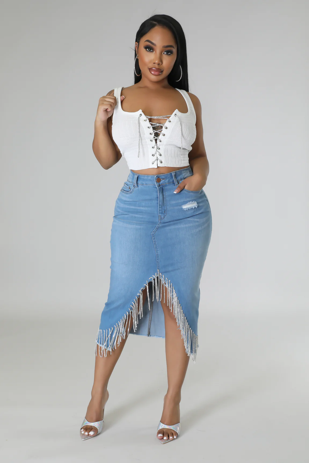 So Unique -  KT Light Blue Denim Rhinestone Skirt