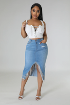 So Unique -  KT Light Blue Denim Rhinestone Skirt