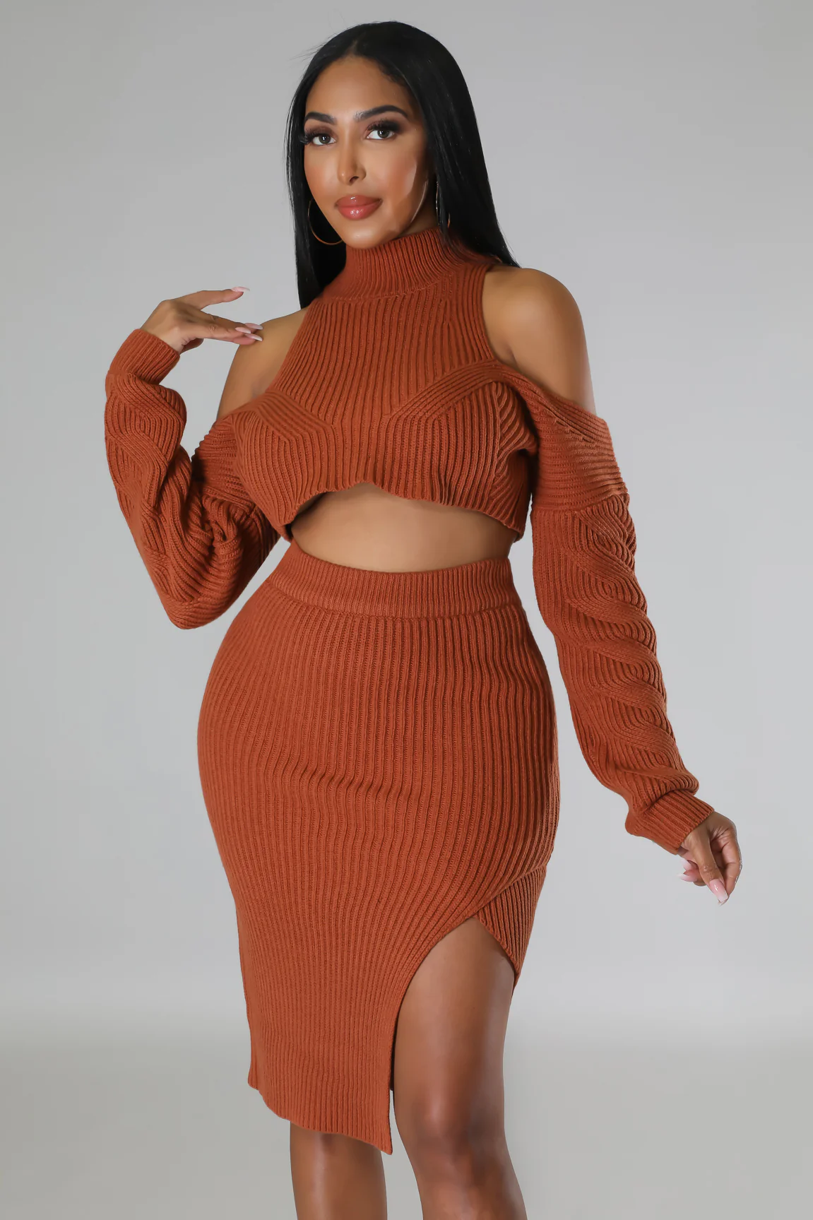 Just KT - Off Shoulders Cognac Midi Skirt Set