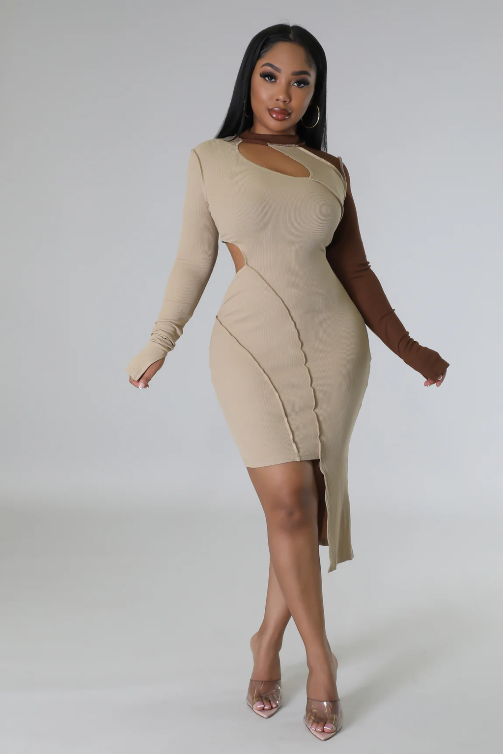 Everything - Nude Asymmetrical Mini Cutout Dress