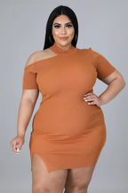 Shoulder Cutout Sweater Mini Dress+ - Camel