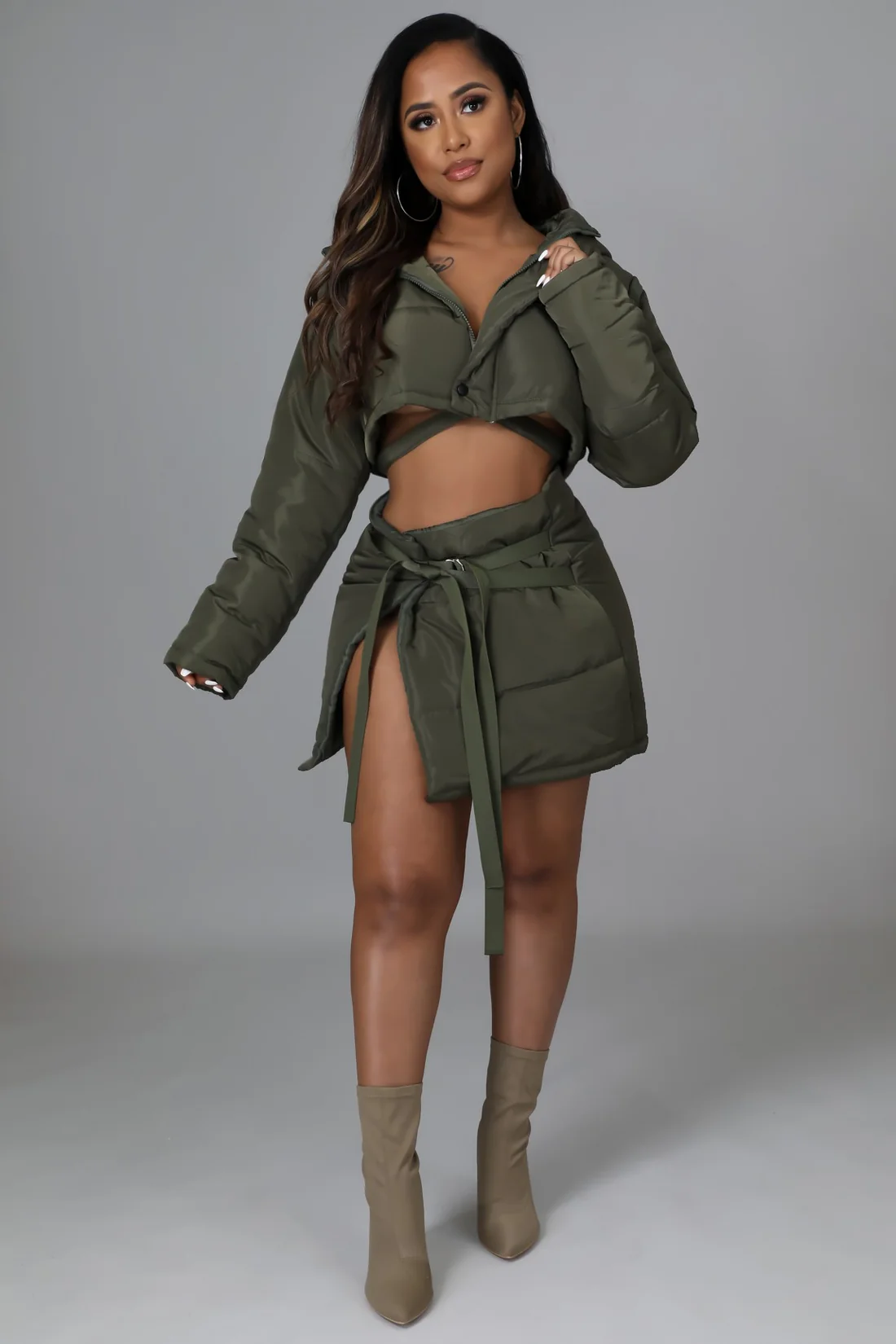 Conservative, Still Her! - Green Puffer Skirt 2 Piece Set