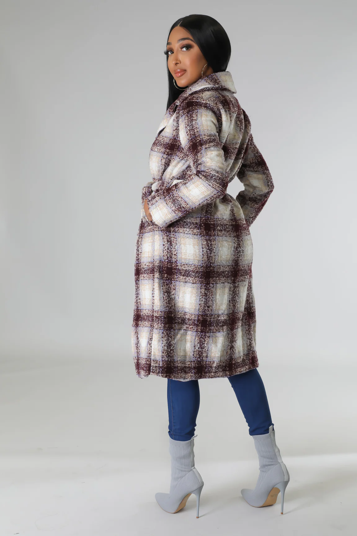 Cold Shoulder Trench Coat - Tweed Plaid