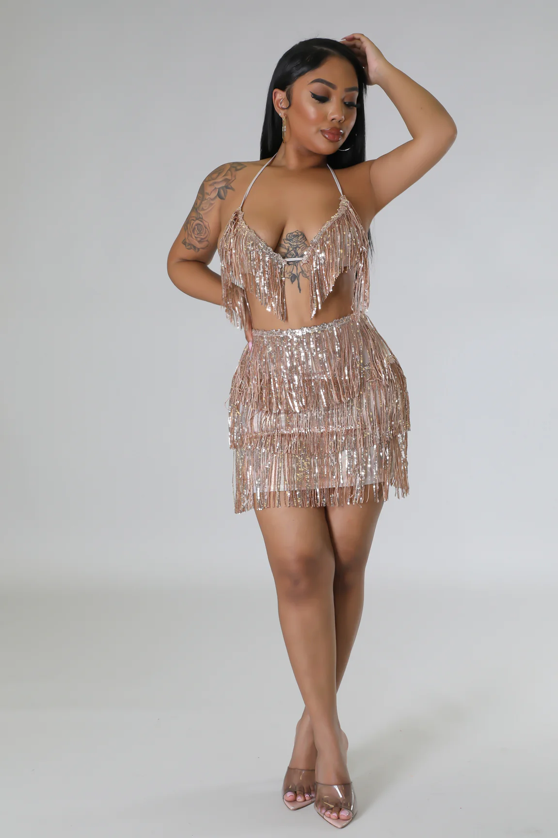 Duh, I Sparkle -  2 Piece Champagne Skirt Set